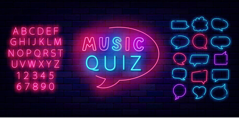 Wall Mural - Music Quiz neon label. Colorful handwritten text. Speech bubbles frames set. Luminous pink alphabet. Vector illustration