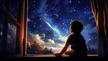Wall Mural - a kid watching out at big window open to galaxy sky, midnight time, idea for imagination and dream concept, Generative Ai