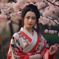 Wall Mural - Generative ai. Asian girl traditional kimono and cherry garden