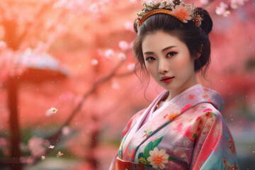 Wall Mural - Generative ai. Asian girl traditional kimono and cherry garden