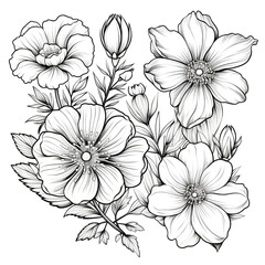 Wall Mural - Line art of flowers and plants Wild Chamomile black ink sketch. Wild botanical garden bloom. PNG transparent background