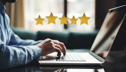 Man using laptop for giving positive feedback. Five star rating of service quality, application, film. Excellent customer experience, satisfaction. Hands on computer keyboard closeup. photo