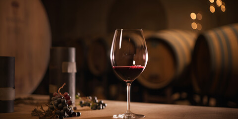 Glass of red wine on background of wooden oak barrels in cellar of winery