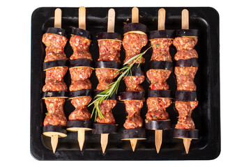 Wall Mural - Eggplant kebab. Eggplant shish kebab with raw minced meat isolated on white background. Turkish cuisine delicacies. Local name patlican kebabi