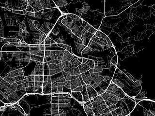 Vector road map of the city of  Amsterdam in the Netherlands with white roads on a black background.