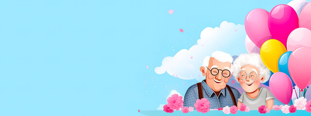 cartoon senior couple in love, senior couple in love, valentines day, grandparents day, banner with copy space made with Generative AI