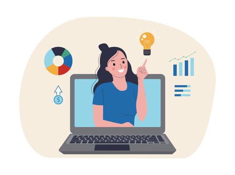 Business consulting or business coaching concept. A woman from a computer shows an idea against the background of growth charts indicators. Vector illustration.