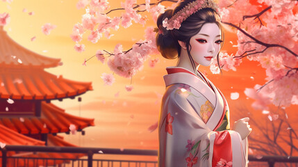 Canvas Print - Generative ai. Asian girl traditional kimono and cherry garden