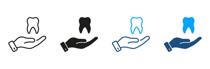 Canvas Print - Dental Treatment, Stomatology Protection Pictogram. Tooth and Human Hand. Dental Care Silhouette and Line Icons Set. Dentistry, Dentist Support Symbol Collection. Isolated Vector Illustration