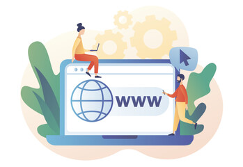 Wall Mural - World wide web. Tiny people looking for information on websites on laptop. Globe internet search concept. WWW icon. Modern flat cartoon style. Vector illustration on white background