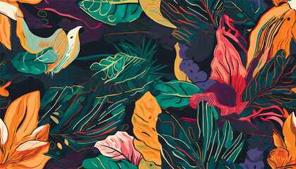 Trendy exotic jungle plants illustration pattern. Creative collage contemporary floral seamless pattern. Fashionable template for design.