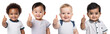 set of smiling, happy, baby toddler kids of different ethnicities - giving thumbs up. Multicultural concept on transparent background