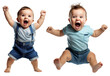 set of emotional, happy, excited, cheering baby toddler child - celebrating, throwing arms up. on transparent background