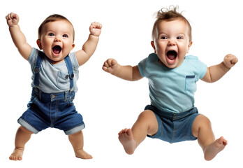 set of emotional, happy, excited, cheering baby toddler child - celebrating, throwing arms up. on tr