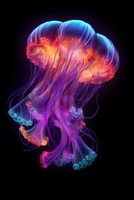Glowing Jellyfish Swim Deep In Blue Sea. Medusa Neon Jellyfish Fantasy In Space Cosmos Among Stars