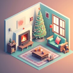 Wall Mural - Isometric Christmas Fireplace Composition