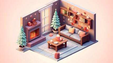 Wall Mural - Isometric Christmas Fireplace Composition