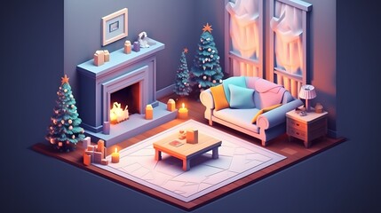 Wall Mural - Isometric Christmas Fireplace Composition