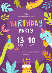 Wall Mural - children's birthday invitation with cute dino. purple birthday party card with festive dinosaurs and