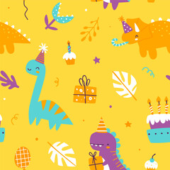 Wall Mural - Bright dino birthday party pattern. Seamless yellow vector print with abstract dinosaurs party for wrapping paper.