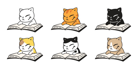 Wall Mural - cat vector kitten icon reading book neko calico pet character cartoon doodle symbol tattoo stamp sca