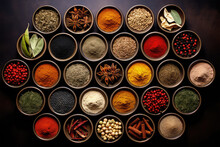 Different Seasonings In Cups Spice On Background
