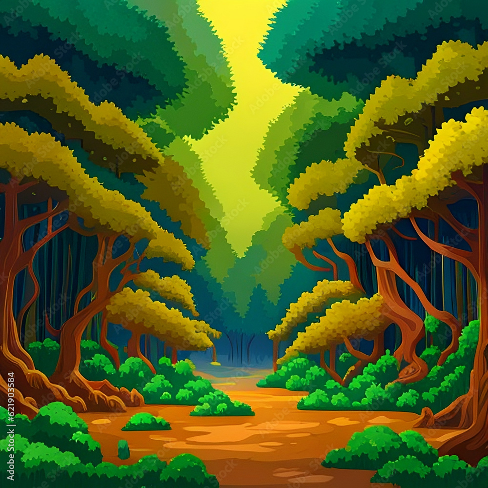 A whimsical pixel art landscape depicting a lush forest with towering trees adorned in a multitude of vibrant hues, from deep greens to bright yellows and blues.