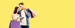 © vgstudio - Love, holiday sales, shop, retail, consumer concept - happy smiling couple with shopping bags, and cellphone, standing close to each other. Studio portrait of young man and woman, isolated over yellow