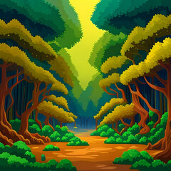 A whimsical pixel art landscape depicting a lush forest with towering trees adorned in a multitude of vibrant hues, from deep greens to bright yellows and blues.