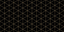 Triangular Grid Vector Seamless Pattern. Subtle Thin Golden Lines Texture, Delicate Minimalist Lattice, Mesh, Net, Triangles, Hexagons. Abstract Black And Gold Luxury Background. Wide Geo Design