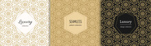 Vector Golden Patterns Set. Luxury Ornamental Seamless Ornaments In Traditional Arabian, Moroccan, Islamic Style. Gold Abstract Floral Mosaic Background Texture. Modern Minimal Labels. Premium Design