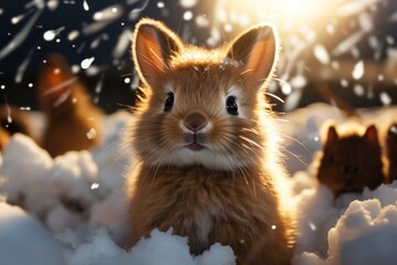 cute rabbit in the Snow beautiful rabbit in the Snow bokeh background cinematic light Rabbit in winter