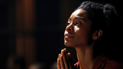 Portrait of young woman praying to God. Relationship with God. Christian illustration.