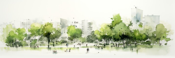 Sustainable Urban Planning Watercolor Illustration - Green Park Concept