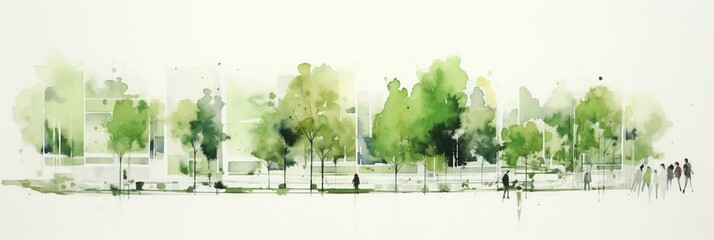 Sustainable Urban Planning Watercolor Illustration - Green Park Concept