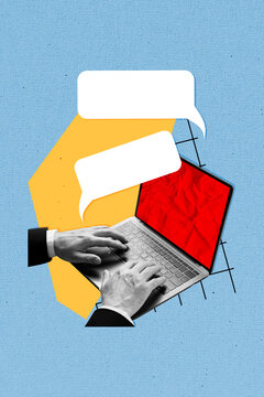 Sketch template artwork collage of male fingers typing text modern netbook macbook online chat empty space isolated on drawing background