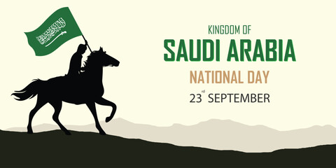 kingdom of saudi arabia nation independence day, horse rider with green flag in desert background, c