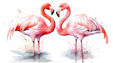 Two Pink Flamingos On A White Background, Generative AI.