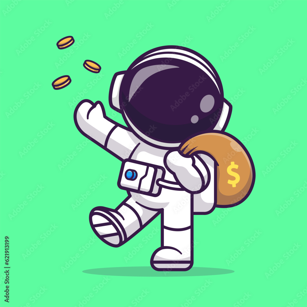 Cute Astronaut Bring Money Bag With Gold Coin Cartoon Vector ...
