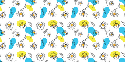 Wall Mural - Daisies floral vector pattern in Ukrainian blue and yellow colors. One continuous line art drawing of daisies pattern