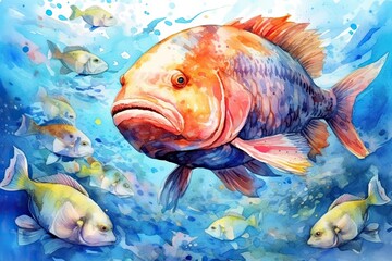 Large red fish swimming among small yellow-green fish in sea water. Watercolor painting.