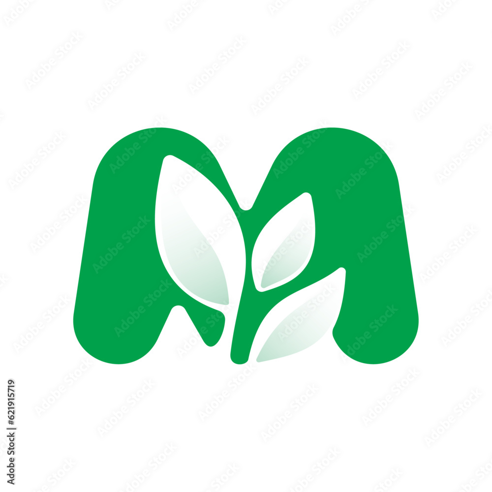 M letter eco logo with green leaves. Negative space agriculture icon ...