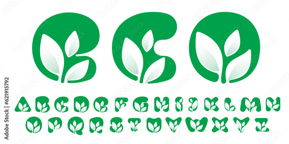 Eco alphabet with green leaves. Negative space agriculture icons. Lush ...