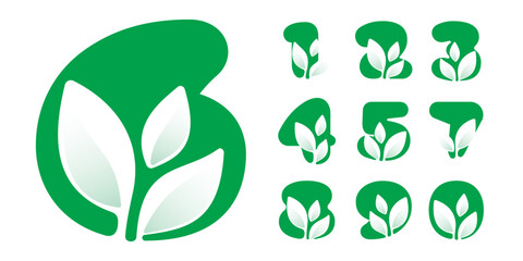 0 to 9 eco logo. Numbers set with green leaves. Negative space agriculture icon. Lush foliage emblem. Vector template for seeds growing company, summer posters, waste recycling identity, nature labels