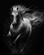 Generated Photorealistic Portrait Of A Running White Horse With A Developing Mane In Black And White Format
