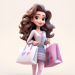 Stylish Girl with Shopping Bags. This delightful image showcases a charming young woman, full of happiness from a successful shopping spree, isolated on white background. 3d cartoon style