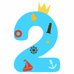 Number 2 blue with crown sea elements.