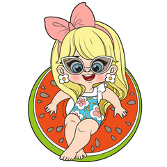 Poster - Cute cartoon girl in a swimsuit and sunglasses with an watermelon inflatable ring for swimming color variation on white background