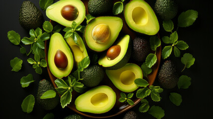 Wall Mural - An overhead view of a perfectly sliced avocado. Generative AI