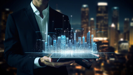 Businessperson holding tablet with city icons on it, in the style of planar art, nightscapes, night photography. Generative AI